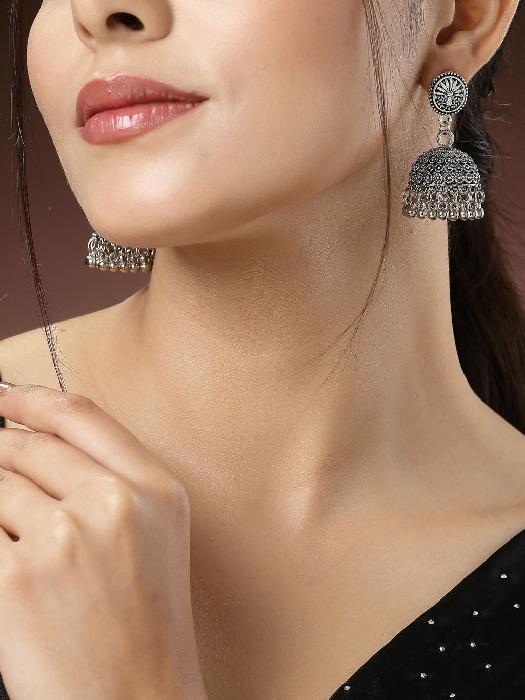 NVR Women's Silver-Toned German Silver Oxidised Dome Shaped Jhumka Earrings