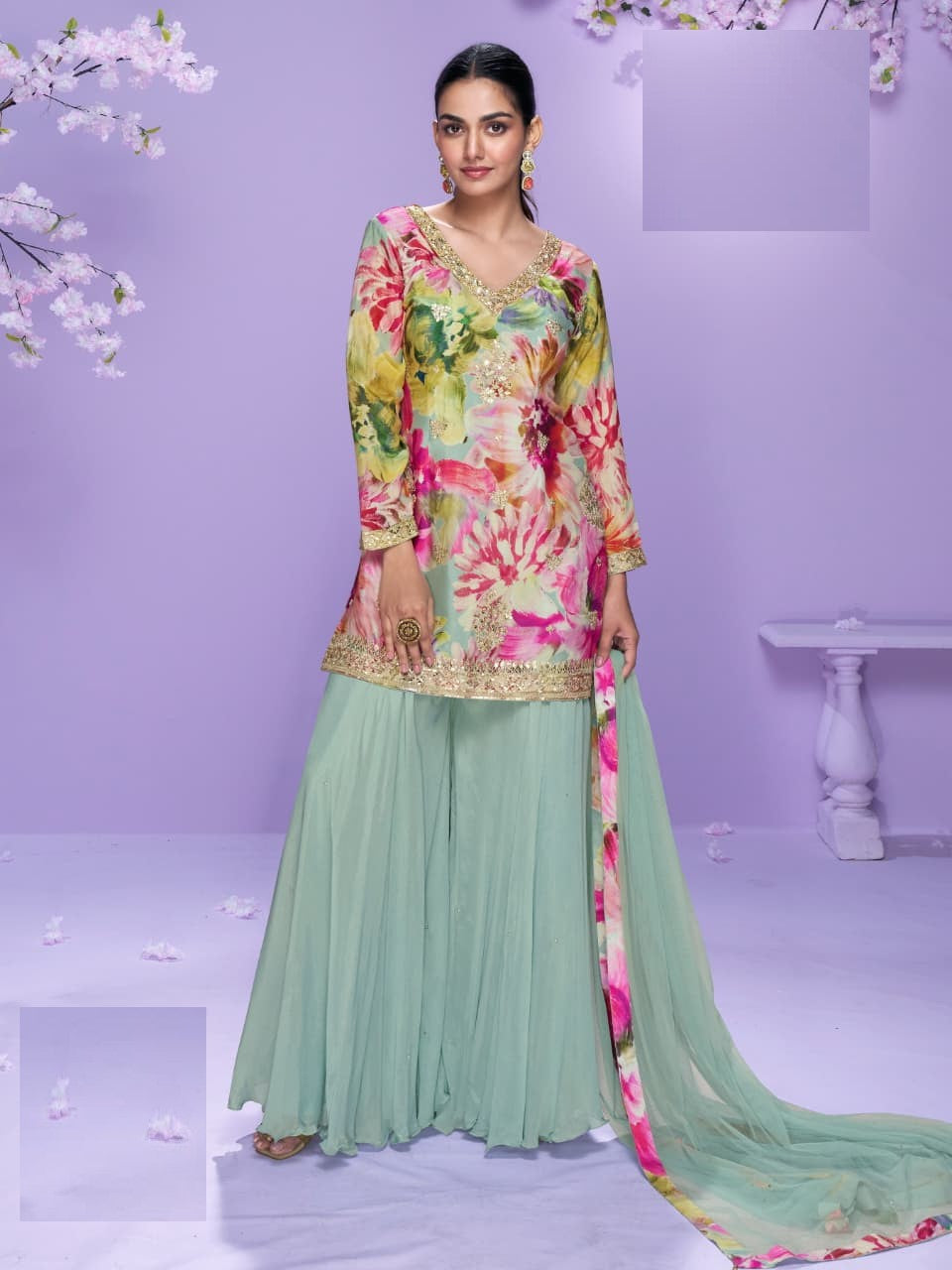 Aarshi Fashions Mint Green Floral Print Full Stitched Palazzo Suits
