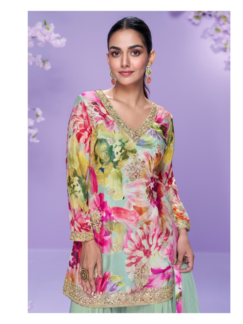 Aarshi Fashions Mint Green Floral Print Full Stitched Palazzo Suits