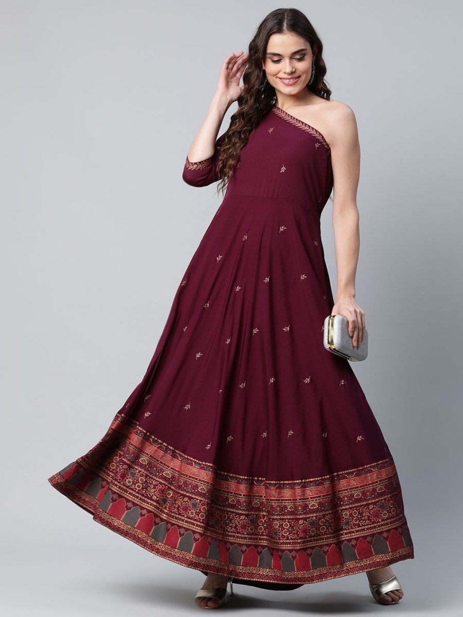 Ahalyaa Women Burgundy & Gold-Toned Ethnic Motifs One Shoulder Ethnic Maxi Dress