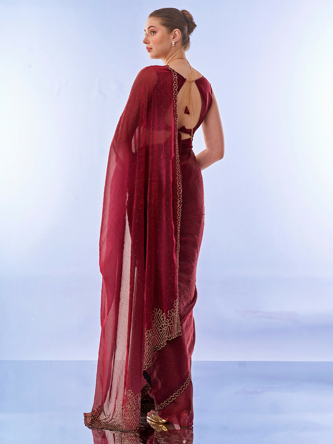 Maroon Burburry Designer Work Lace Border & Swarovski Work Saree - Orchid