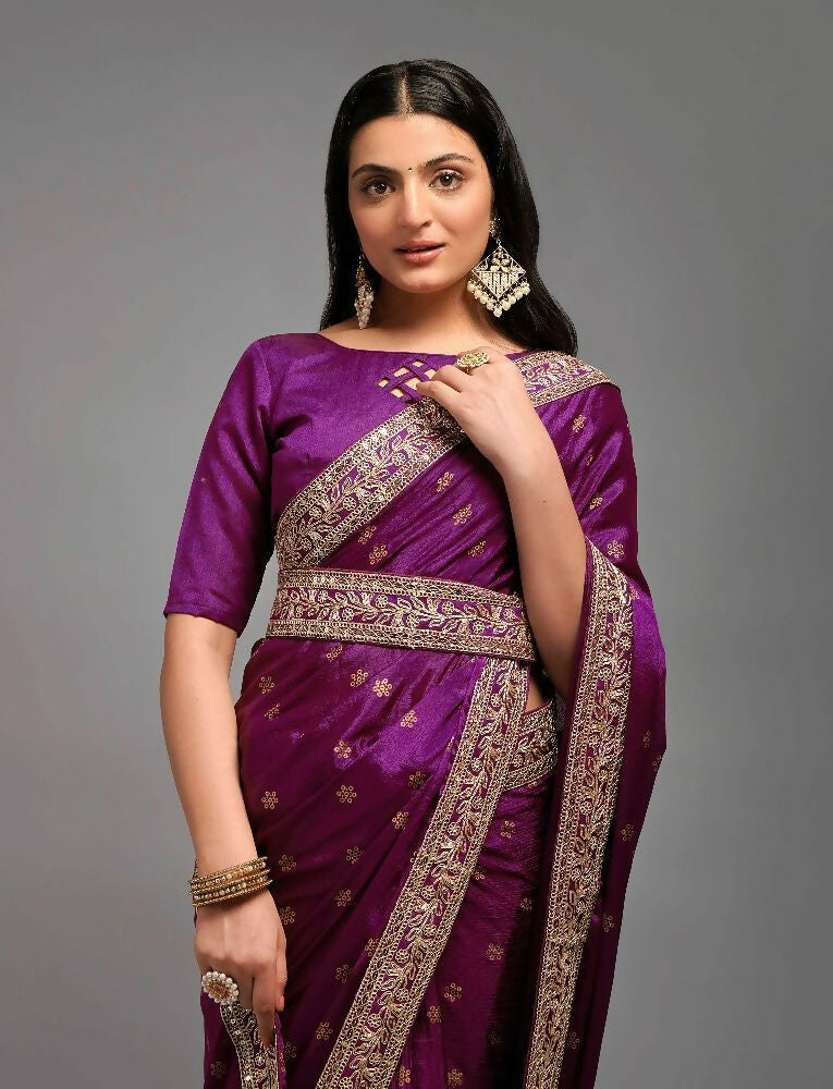 PR Fashion Wine Chinon Embroidery Lace Saree