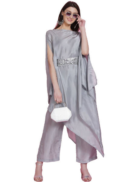 Women Republic Grey Opara Silk Kurta With Belt And Palazzo
