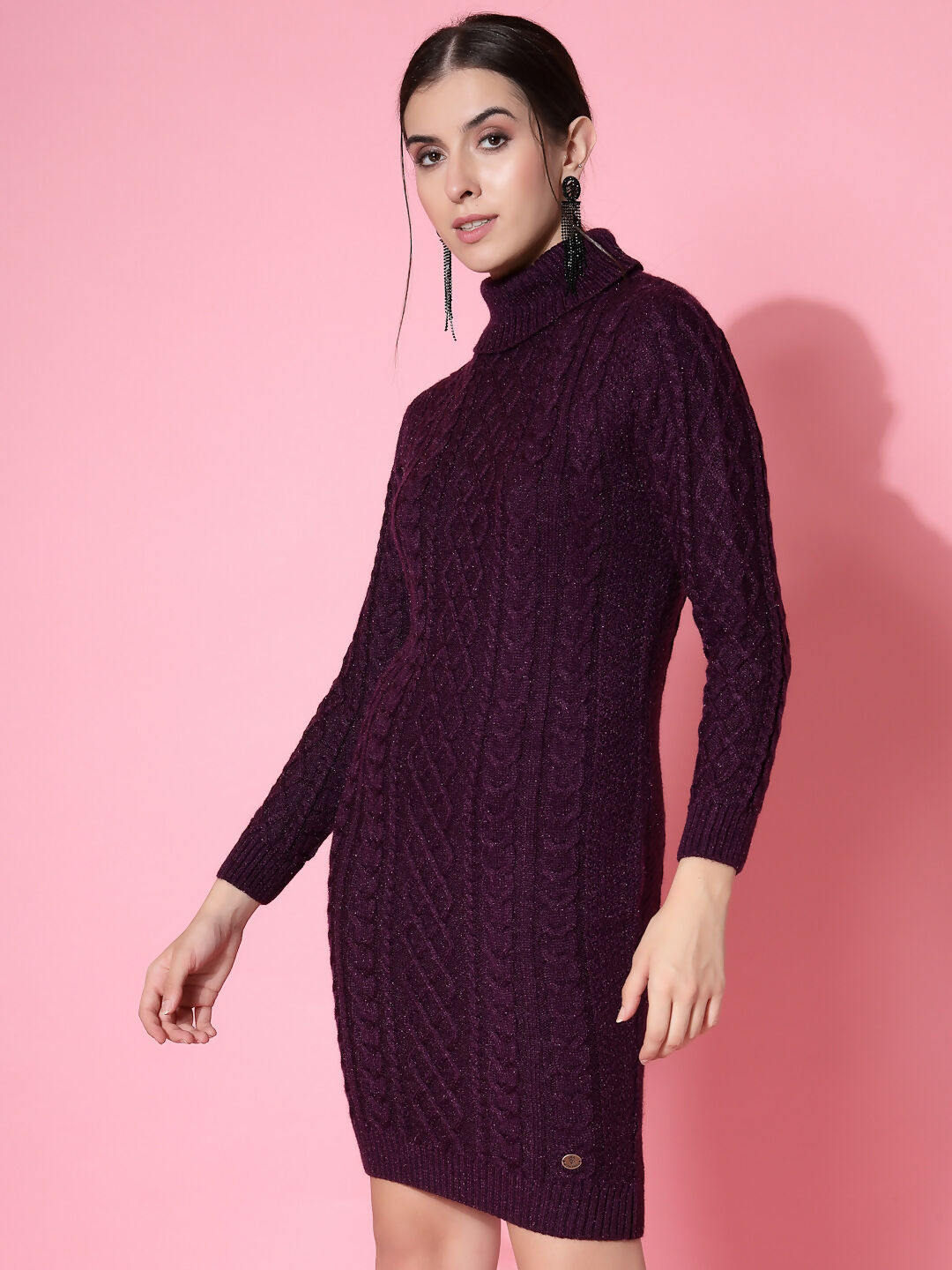 Women Purple Acrylic Self Design Winter Dress - Wool Trees