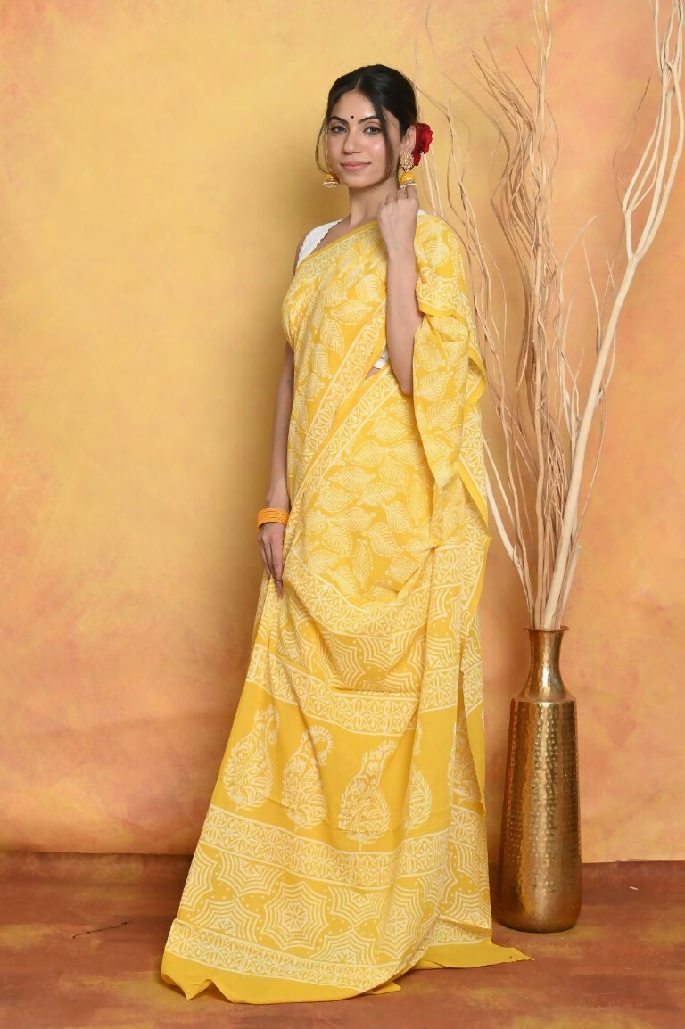 Very Much Indian Handblock Printed Cotton Saree With Natural Dyes - Yellow