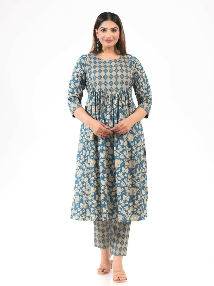 Aramya Blue Soft Cotton Gold foil Print A-line Kurta Set for Women