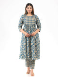 Aramya Blue Soft Cotton Gold foil Print A-line Kurta Set for Women