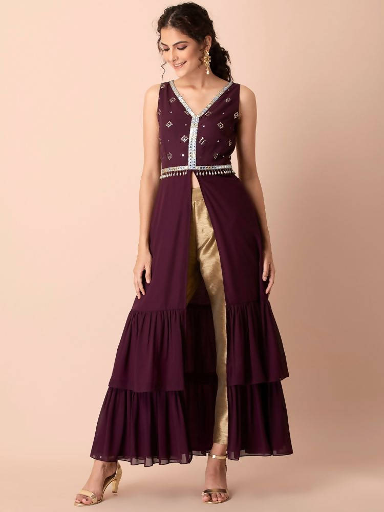 Indya Women Purple & Gold-Toned Embellished Ruffled High Slit Kurta