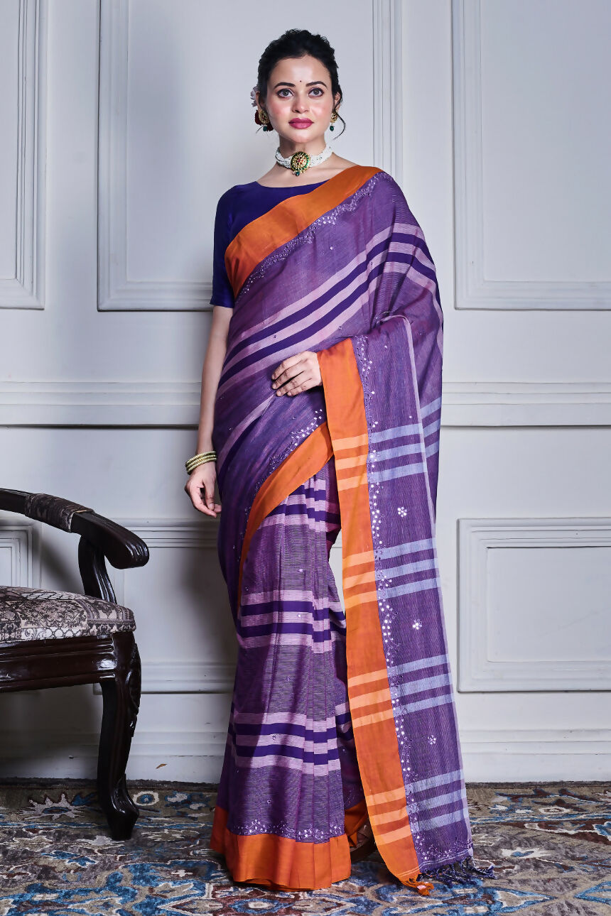 Morchari Purple Cotton Handloom Mirror Work Saree Unstitched Blouse