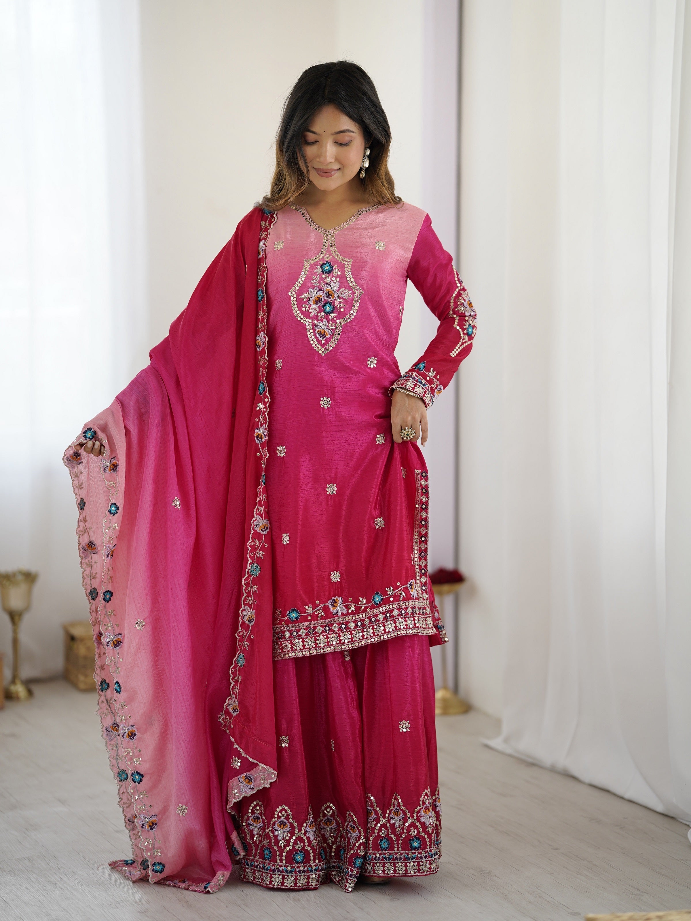 Lehenga Mart Designer Chinon Sharara Suit Dupatta for Women - pink