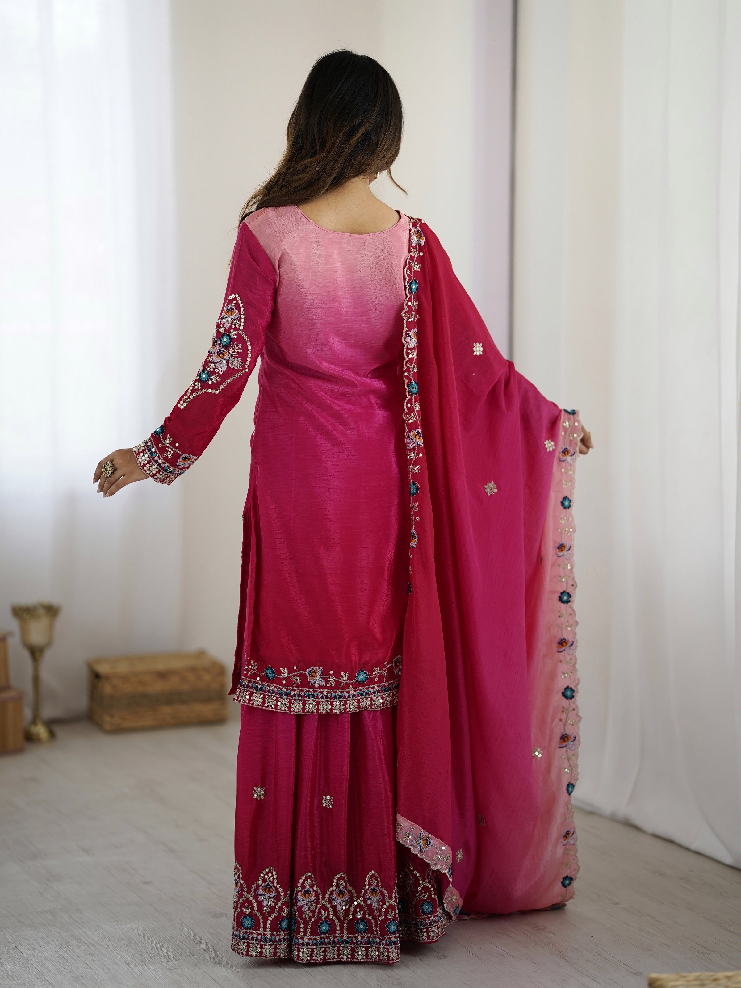 Lehenga Mart Designer Chinon Sharara Suit Dupatta for Women - pink