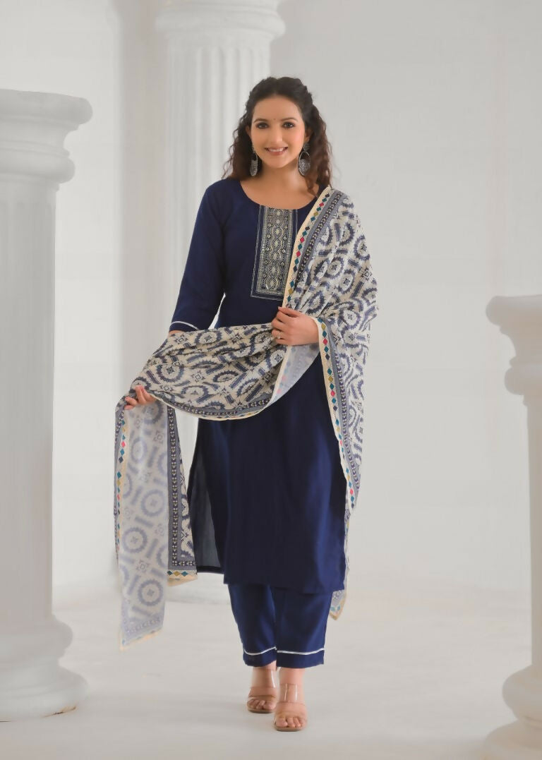Festive Ethnic Viscose Chanderi Blue Stitched Suit With Dupatta - Rashmika
