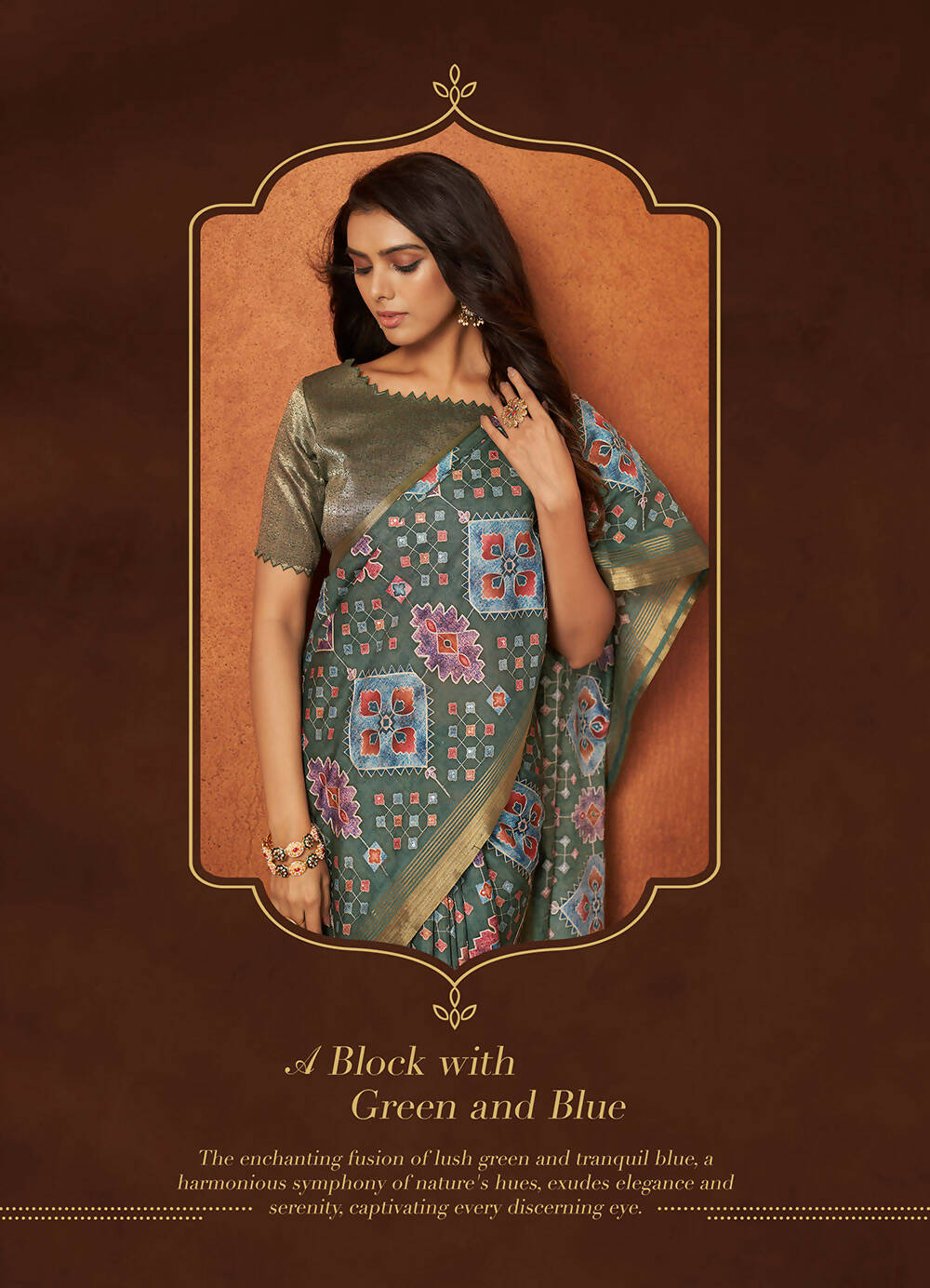 Green Rangkat and Crepe Silk Aztec Saree With Unstitched Blouse Piece - Mohmanthan Royal Saachi