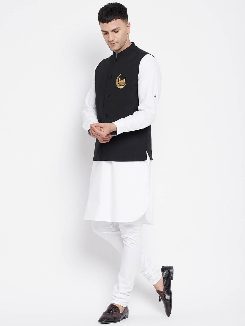 Even Apparels Black Pure Cotton White Kurta Sets With Eid Insignia Jackets PW668-CHA