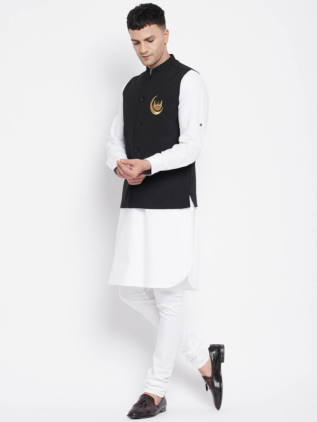 Even Apparels Black Pure Cotton White Kurta Sets With Eid Insignia Jackets PW668-CHA