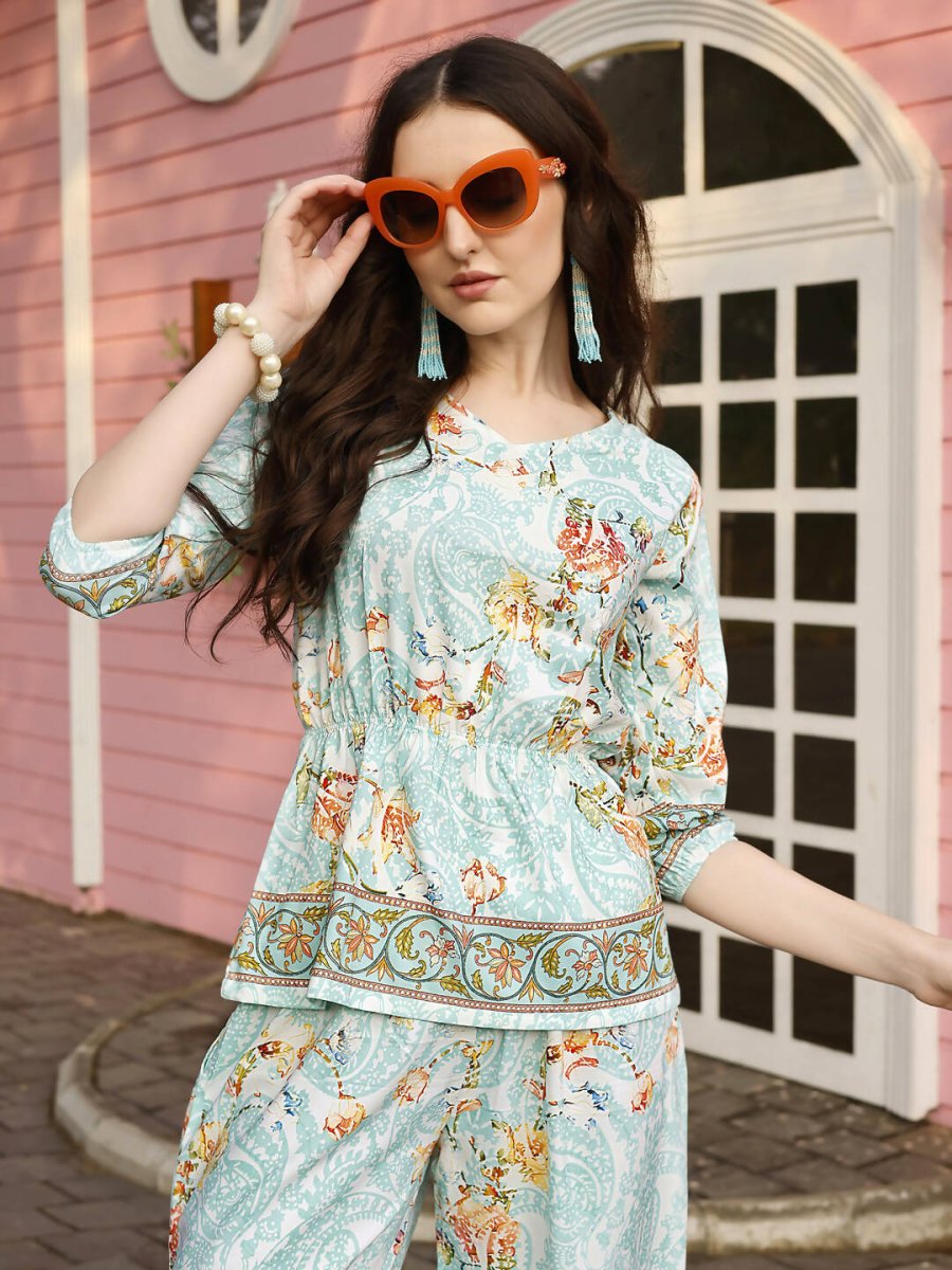 Aqua Blue Rayon Paisley & Floral Printed Top with Matching Bottom - Eesha
