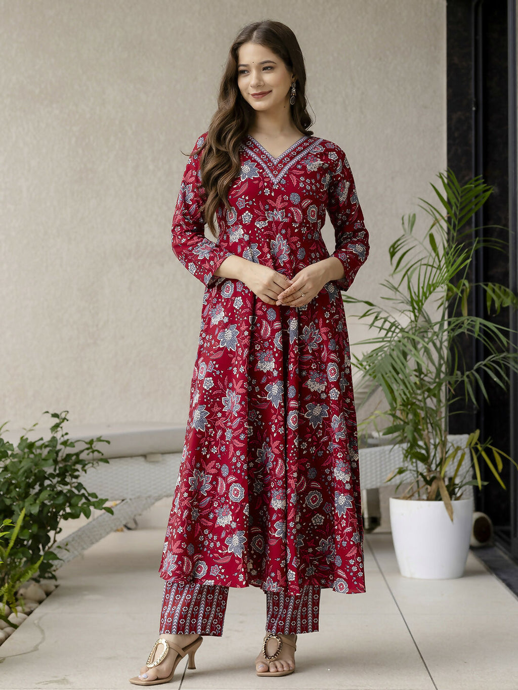 The52 Maroon Women's Gorgeous Rayon Fabric Printed Work Flared Kurta, Pant and Dupatta Set