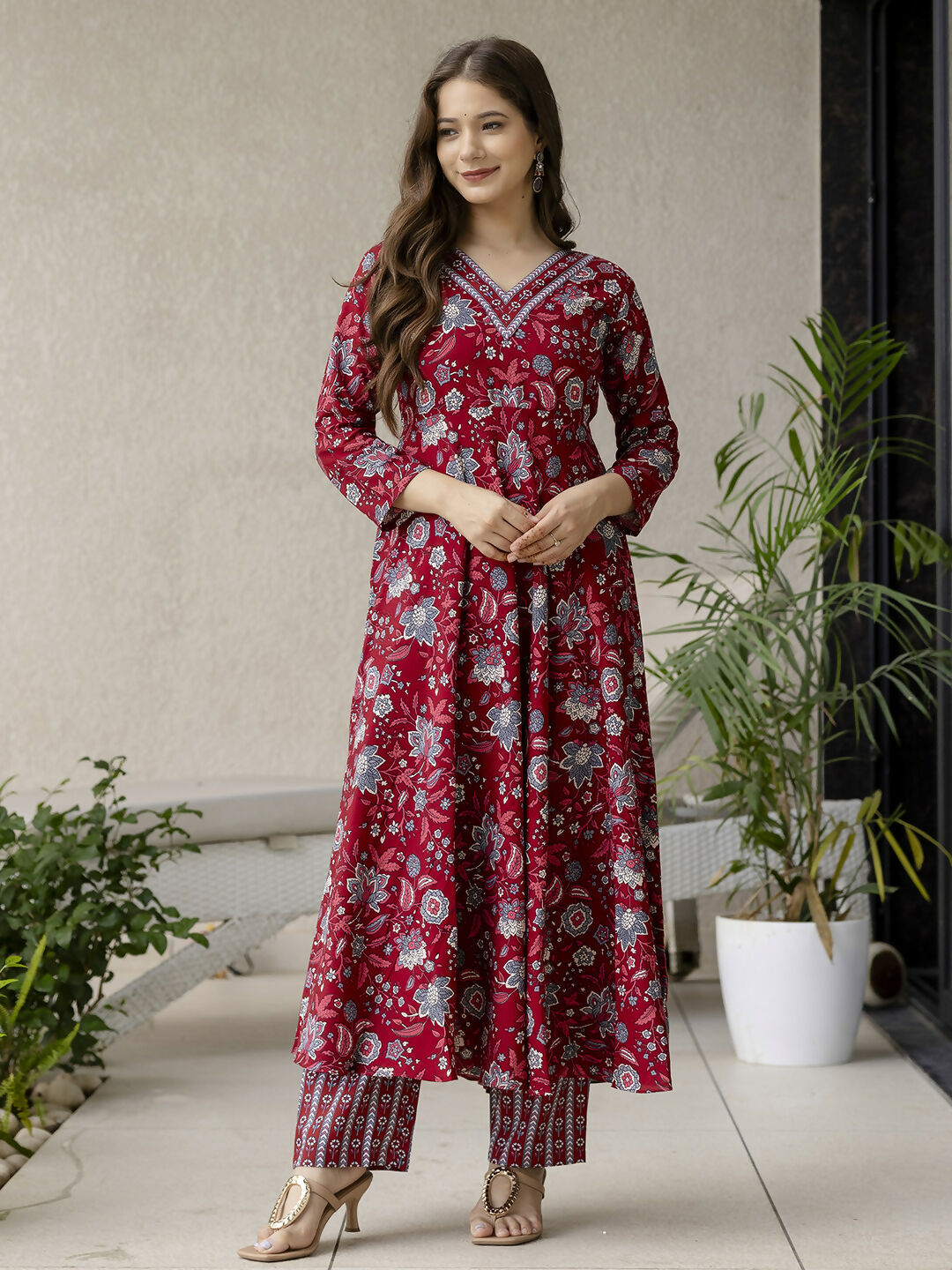 The52 Maroon Women's Gorgeous Rayon Fabric Printed Work Flared Kurta, Pant and Dupatta Set