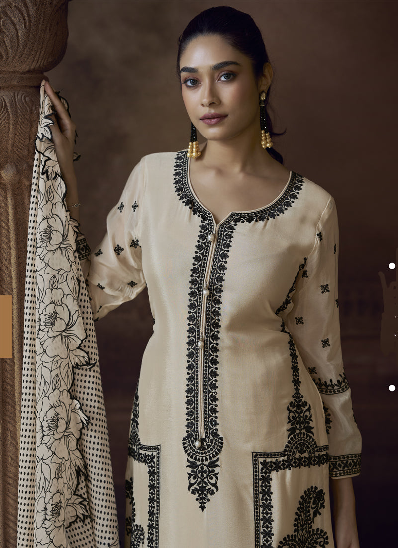 Vegaa Fashion Off White Chinon Silk Embroidered Designer Palazzo Suit