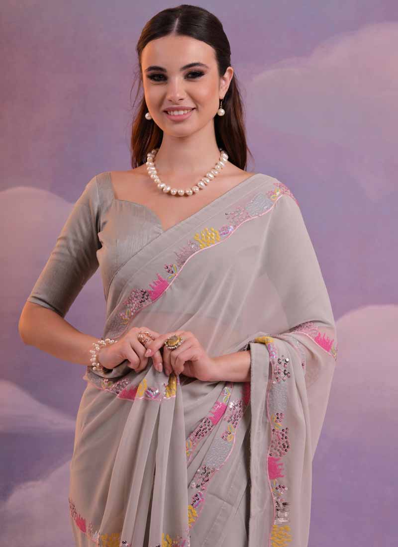 Vegaa Fashion Beige Soft Georgette Sequence Work Saree