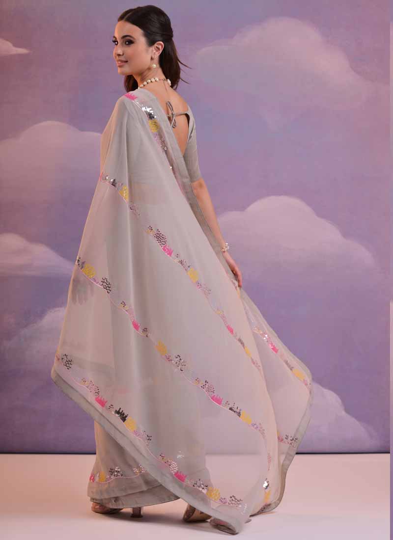 Vegaa Fashion Beige Soft Georgette Sequence Work Saree