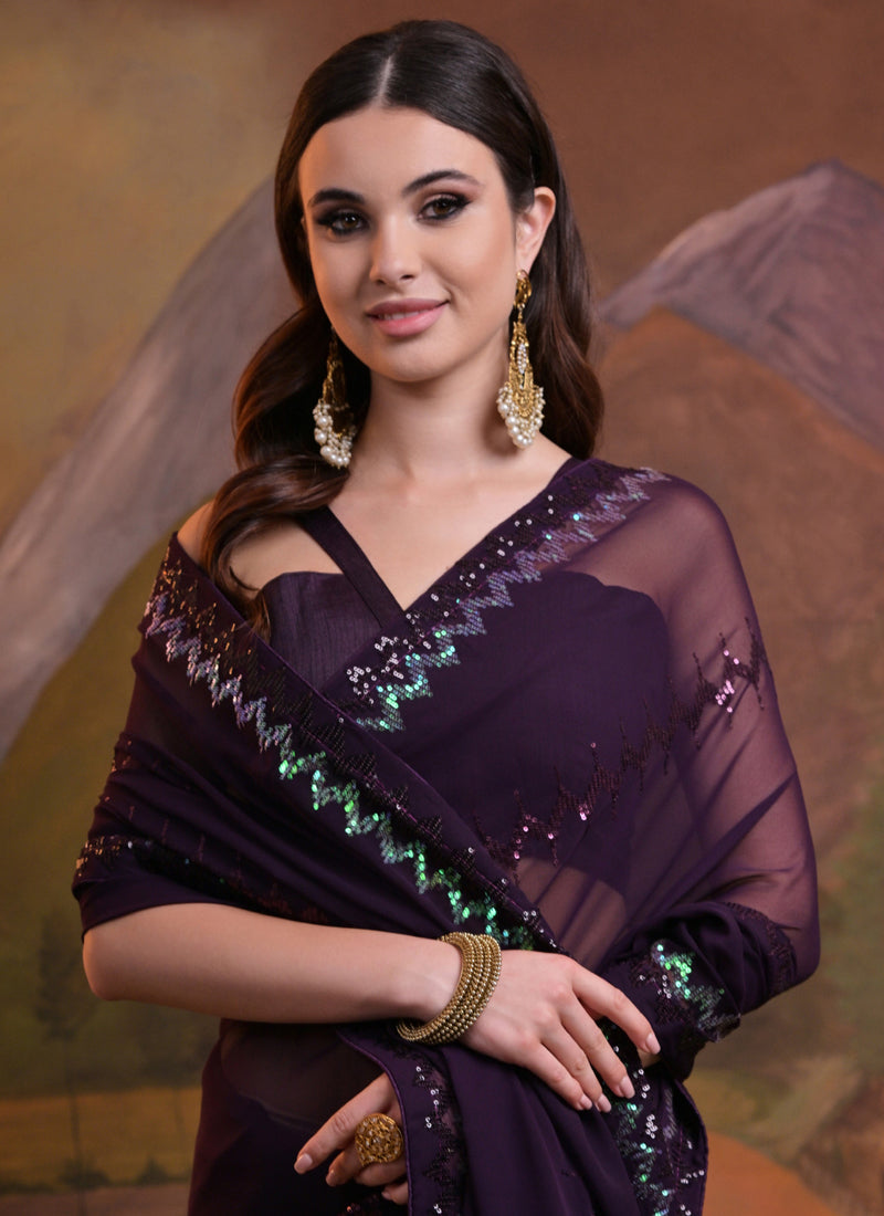 Vegaa Fashion Wine Soft Georgette Sequence Work Saree