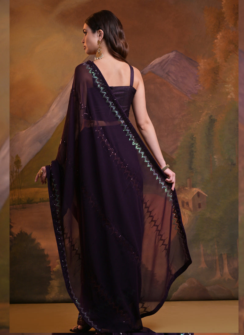 Vegaa Fashion Wine Soft Georgette Sequence Work Saree