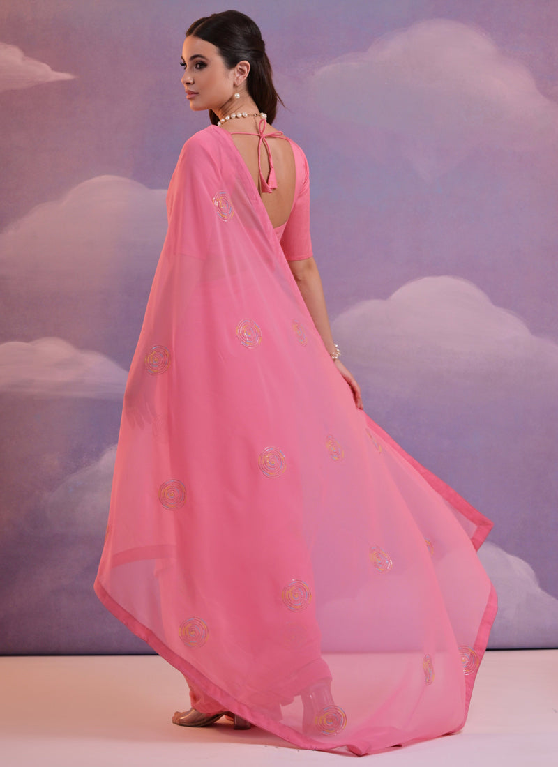Vegaa Fashion Pink Soft Georgette Sequence Work Saree