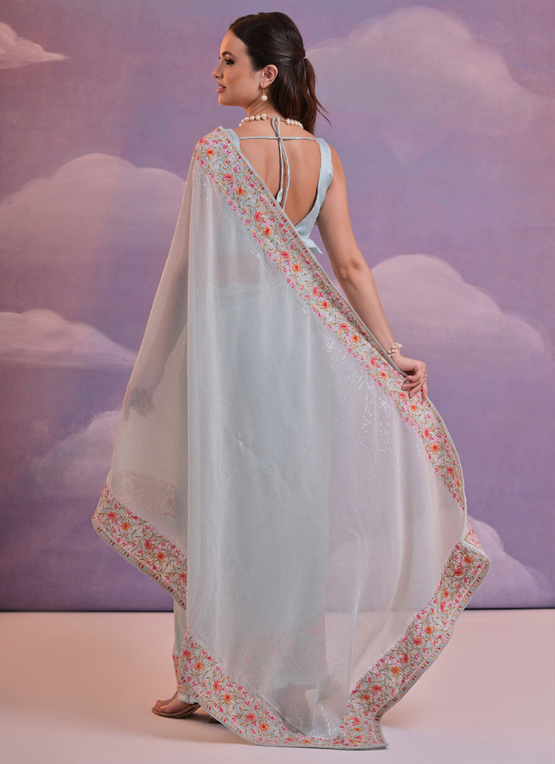 Vegaa Fashion Light Grey Soft Georgette Sequence Flower Work Saree