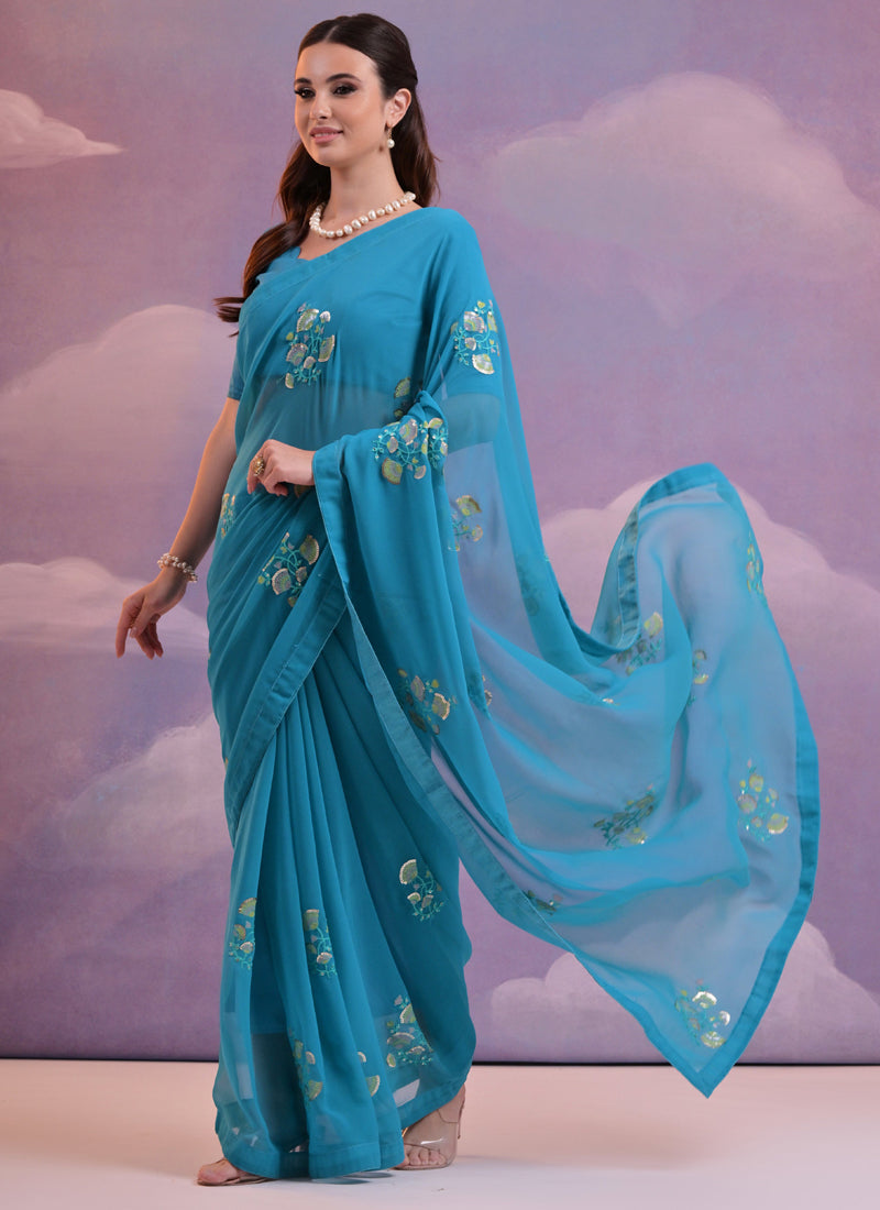 Vegaa Fashion Blue Soft Georgette Sequence Flower Work Saree