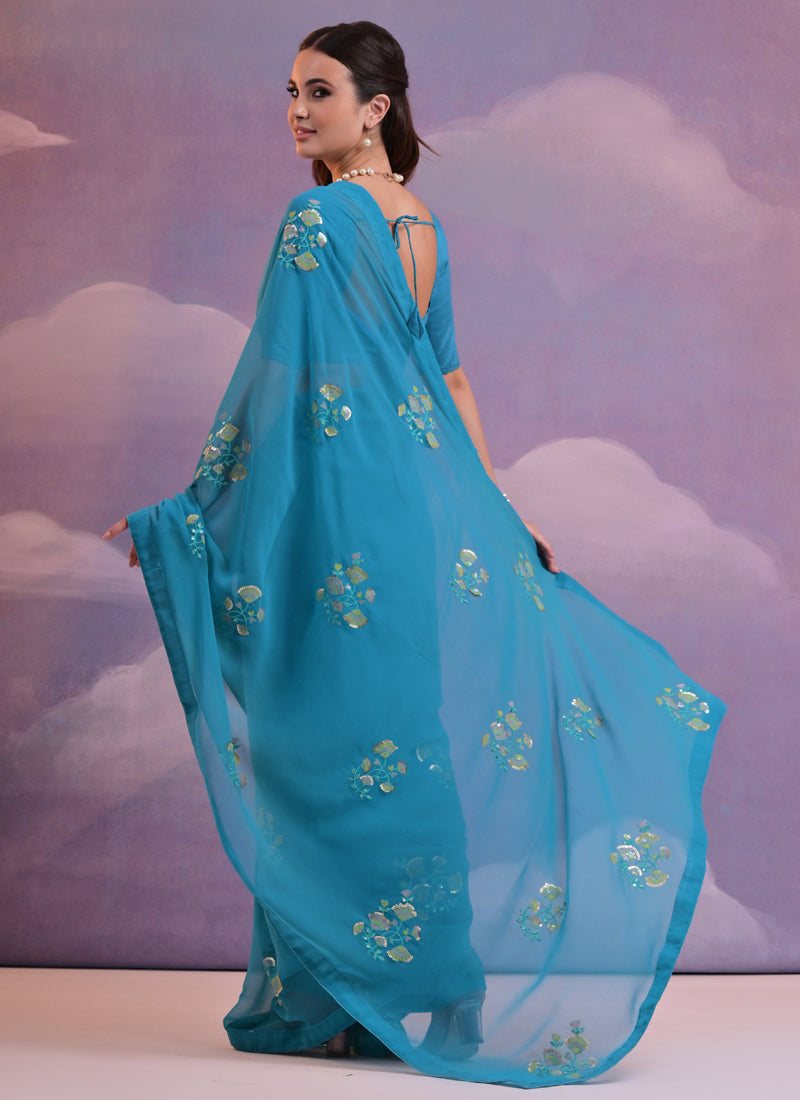 Vegaa Fashion Blue Soft Georgette Sequence Flower Work Saree