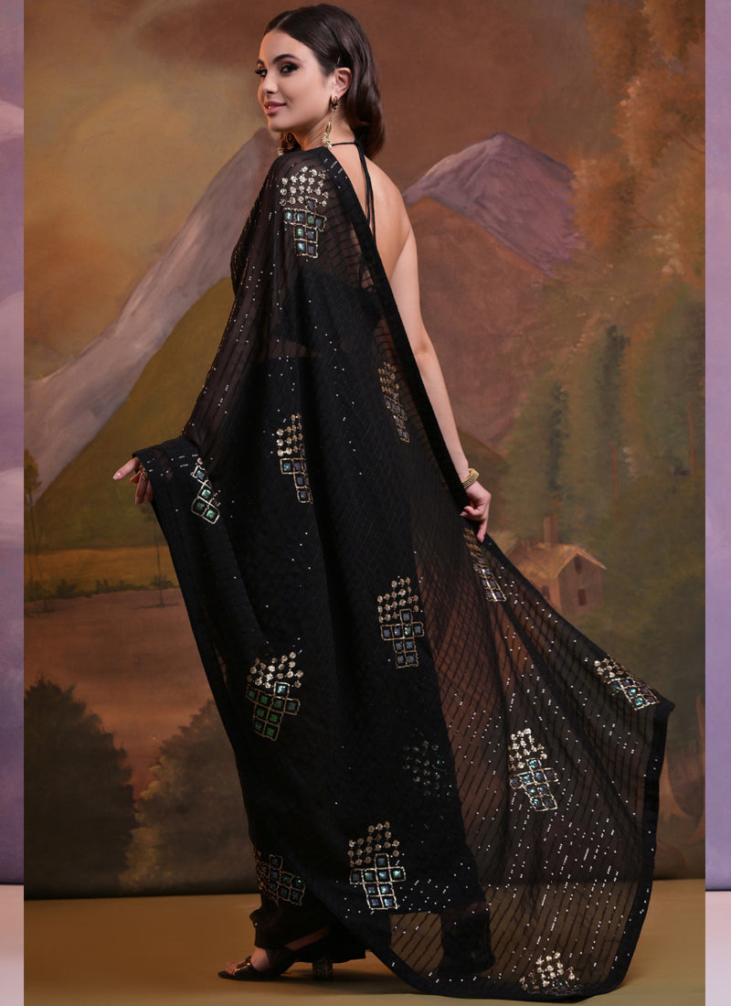 Vegaa Fashion Black Soft Georgette Sequence Work Saree