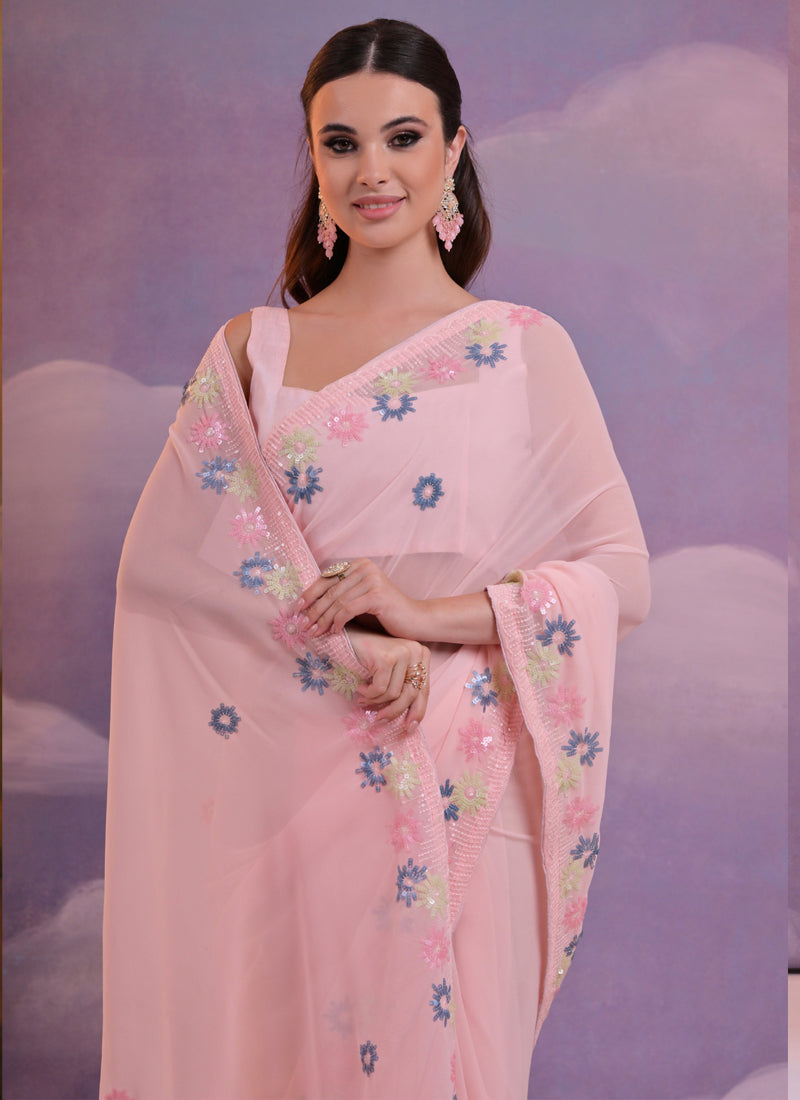 Vegaa Fashion Light Pink Soft Georgette Sequence Work Saree
