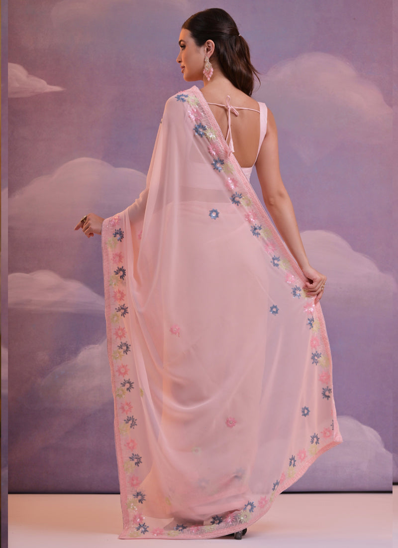 Vegaa Fashion Light Pink Soft Georgette Sequence Work Saree
