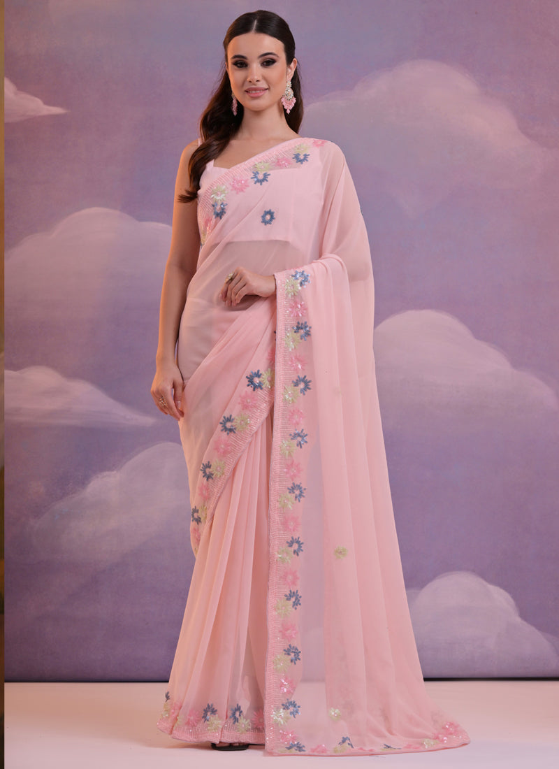 Vegaa Fashion Light Pink Soft Georgette Sequence Work Saree