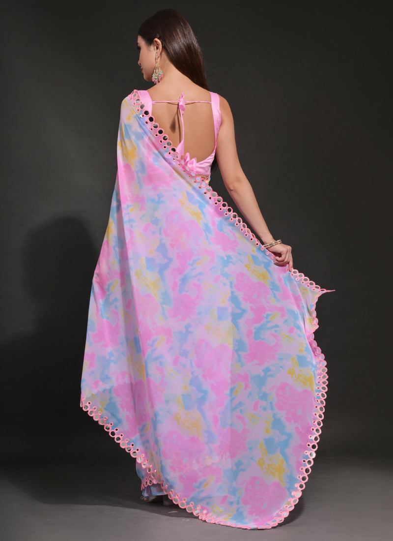 Vegaa Fashion Light Pink Georgette Prizam Print Mirror Work Saree