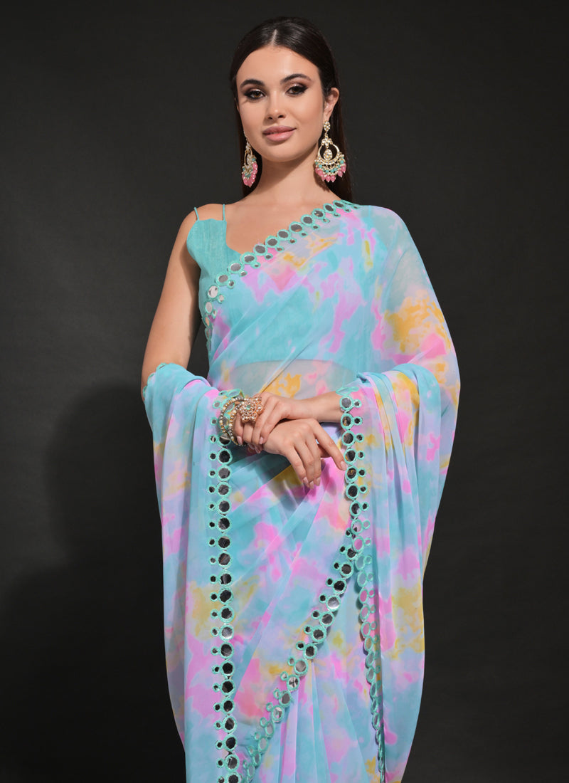 Vegaa Fashion Light Blue Georgette Prizam Print Mirror Work Saree