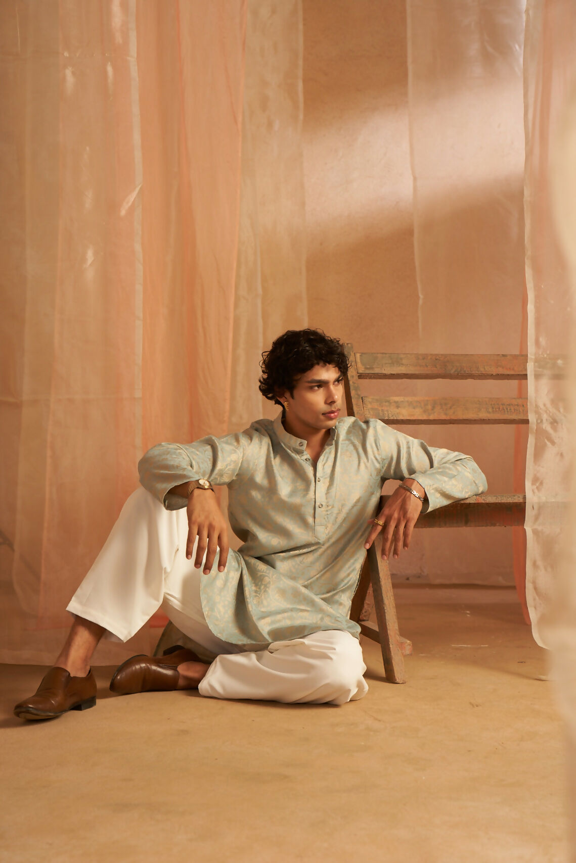 Light Blue Viscose Wevon Designer Men's Kurta Set - Mahotsav