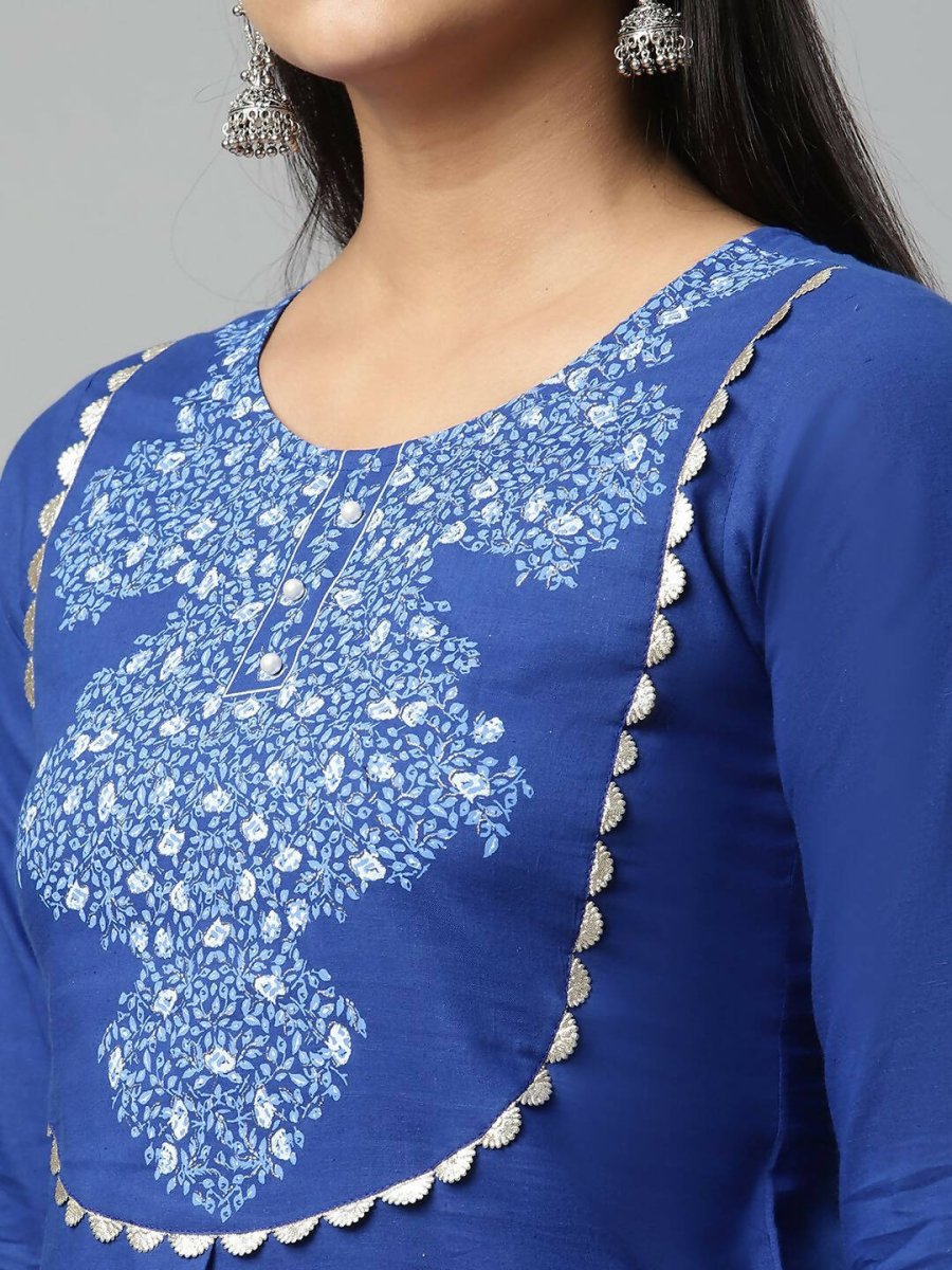 Ahalyaa Womens Royal Blue Pure Cotton Printed Kurtas