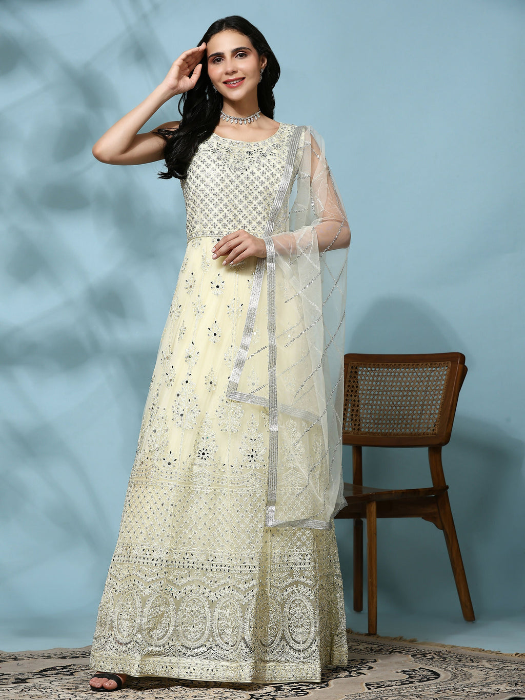 Yellow Net Hand Embroidered Gown - Rudrani