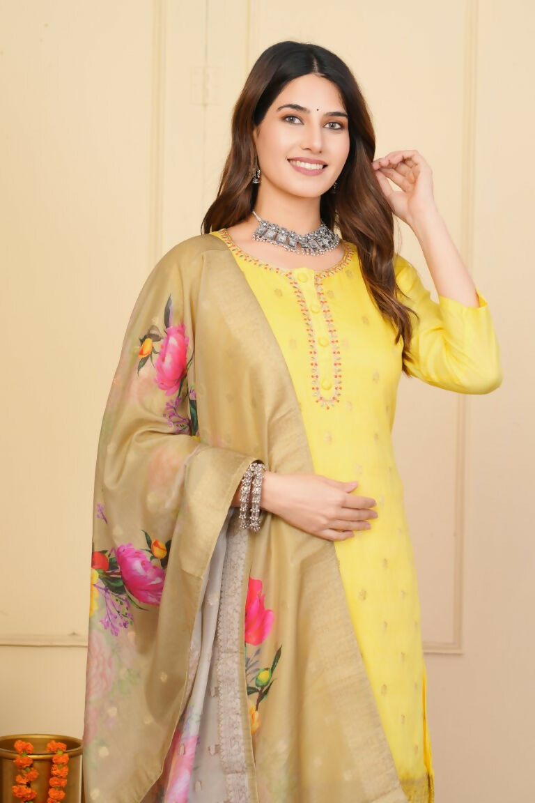 Yellow Viscose Organza Jacquard Embroidered Stitched Suit With Dupatta - Tanisha