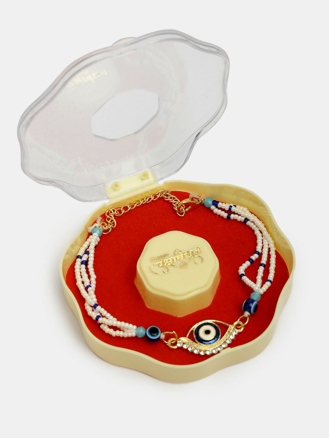NVR Women & Men Set of 2 Blue Evil Eye Bhaiya Bhabhi Rakhi Set With Roli Chawal