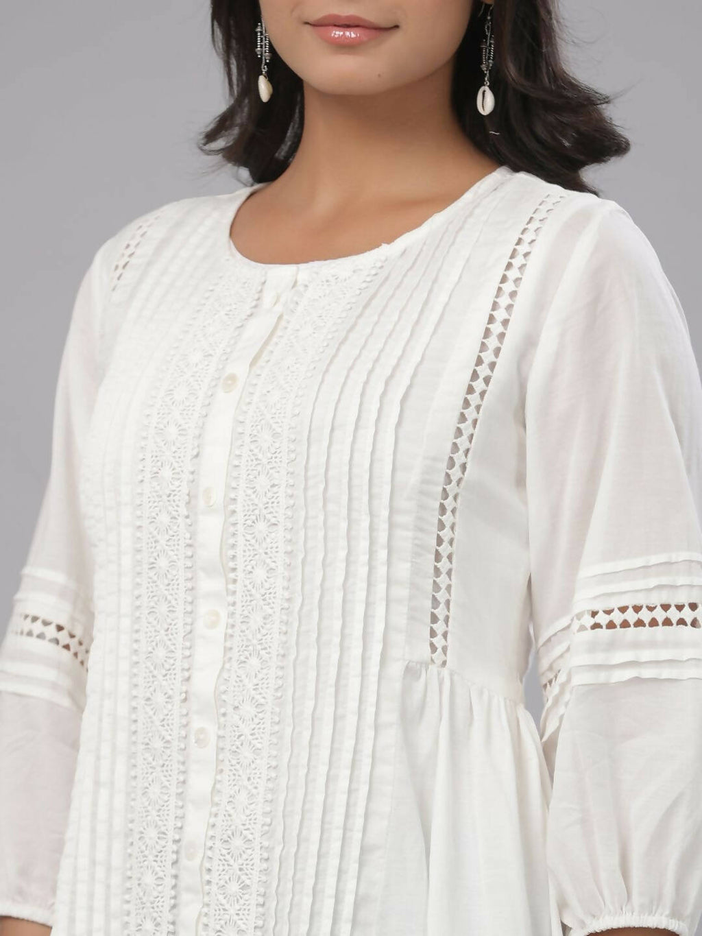 Juniper Women's White Cotton Silk Solid A-Line Kurta