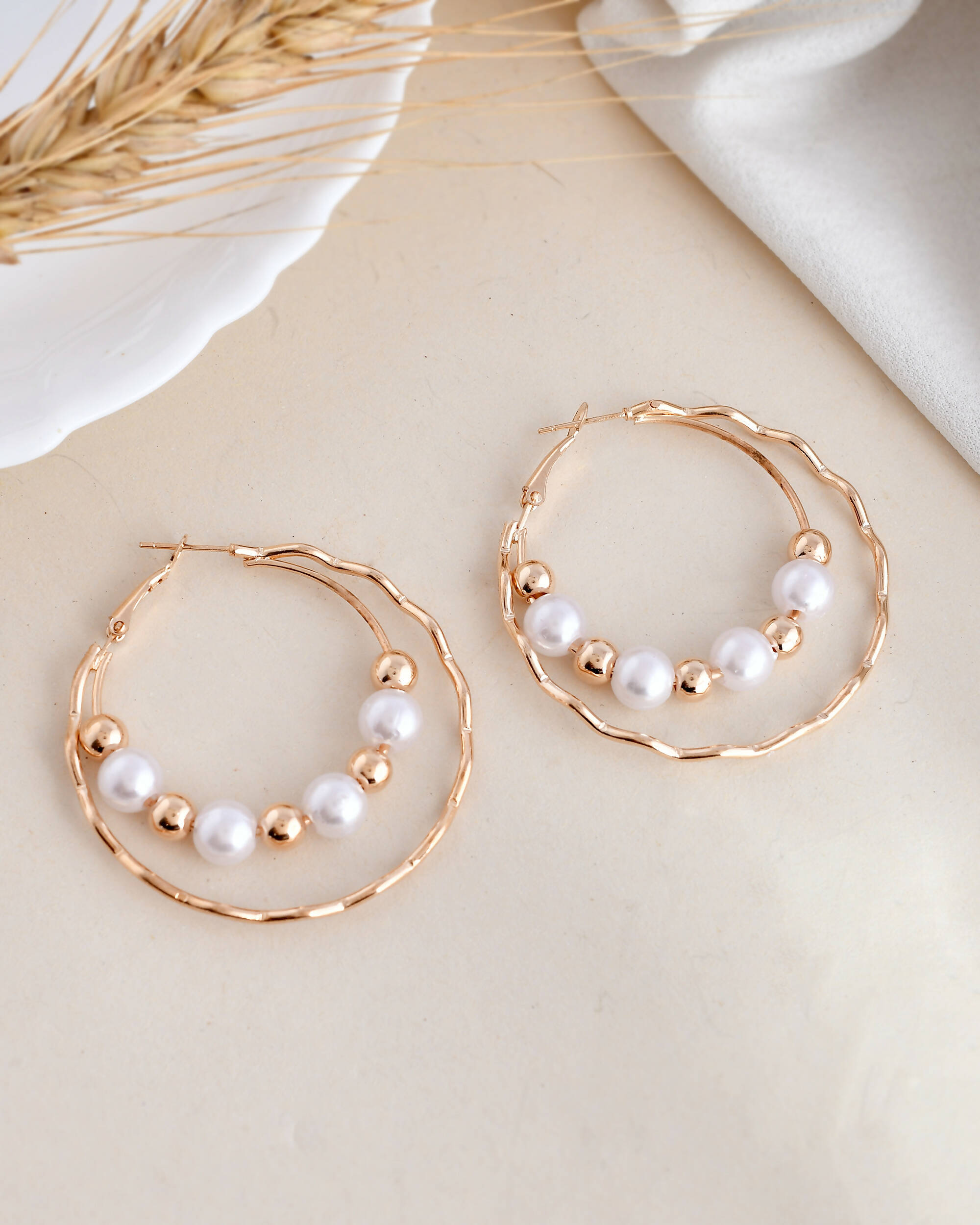VOJ Women Gold-Polished Pearl Stainless Steel Hoop Earrings