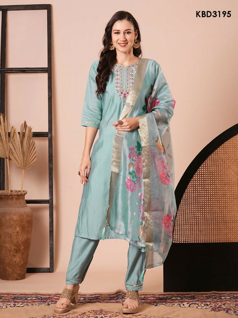 Sky Blue Viscose Chanderi Embroidery Work Kurta Set - Riya