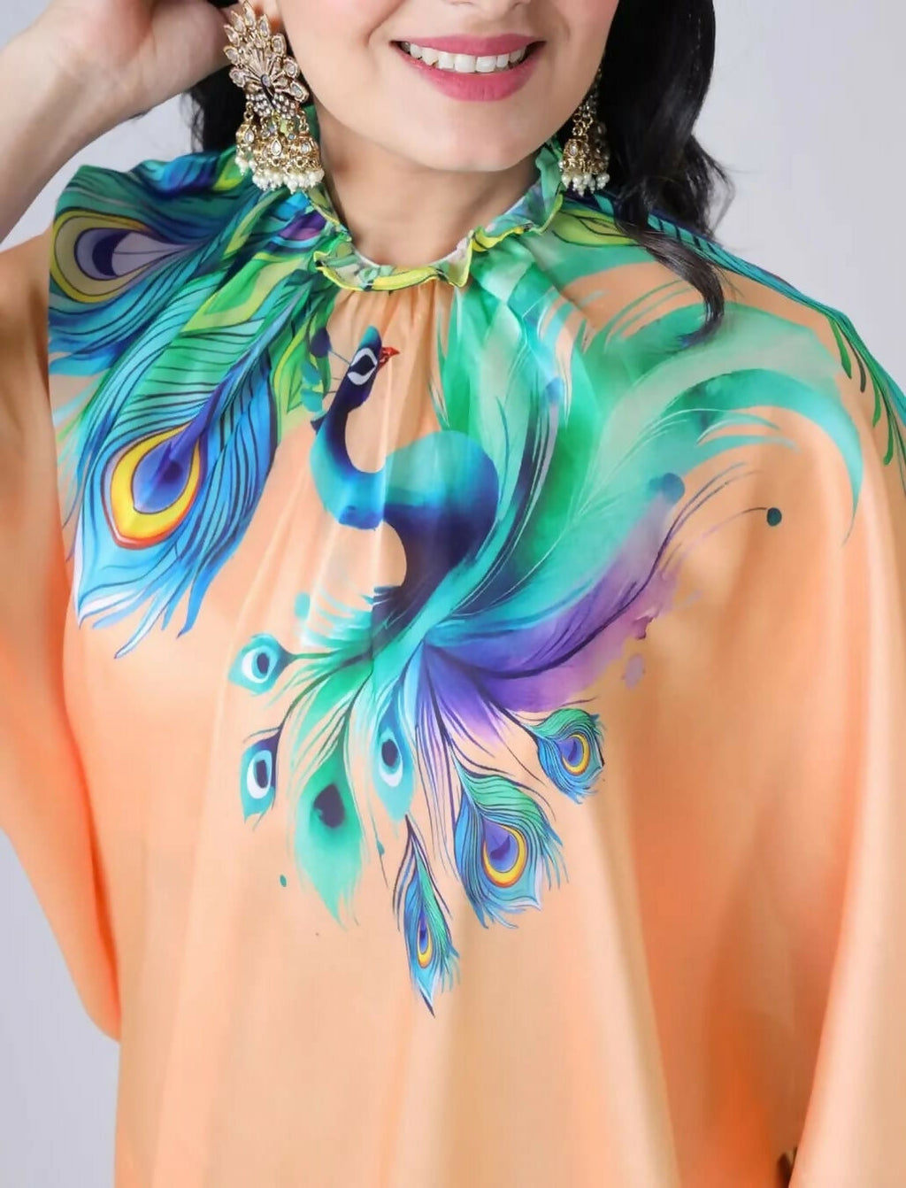 Vastranavya Peach Peacock Print Free Hand Ready to Wear Saree