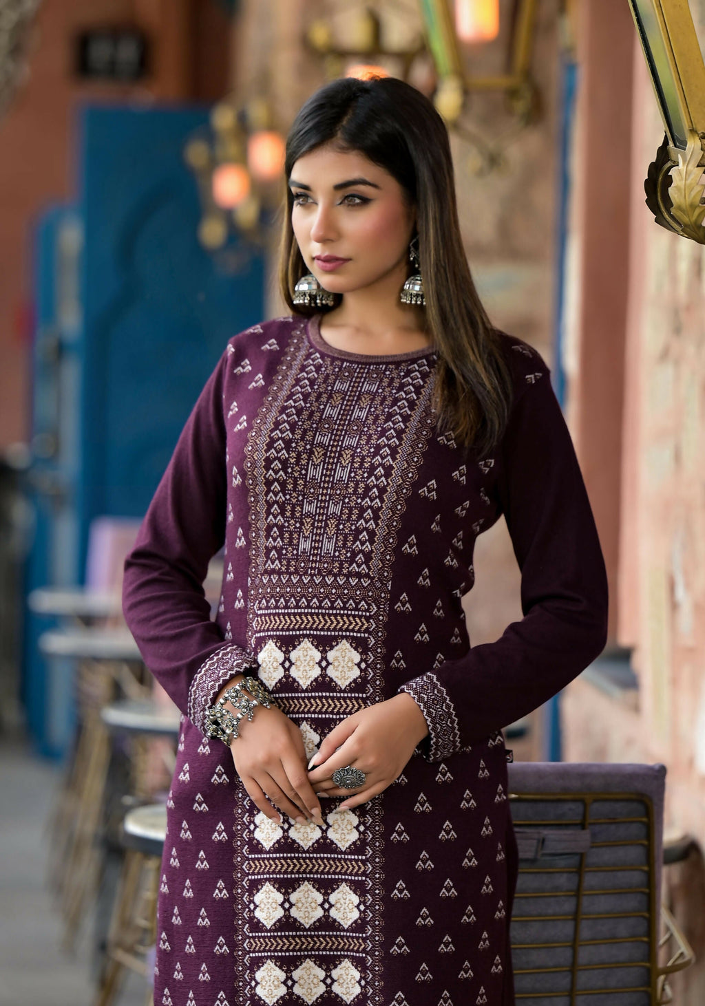 Juniper Women's Mauve Ethnic Motif Printed Polycotton Straight Round Neck Women Kurta