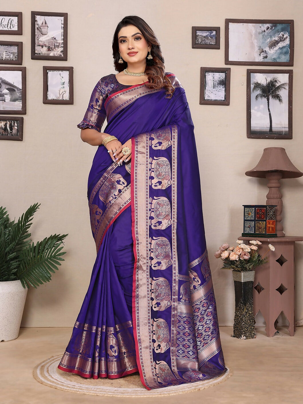 Joban Fashion Royal Blue Solid Banarasi Silk Sarees