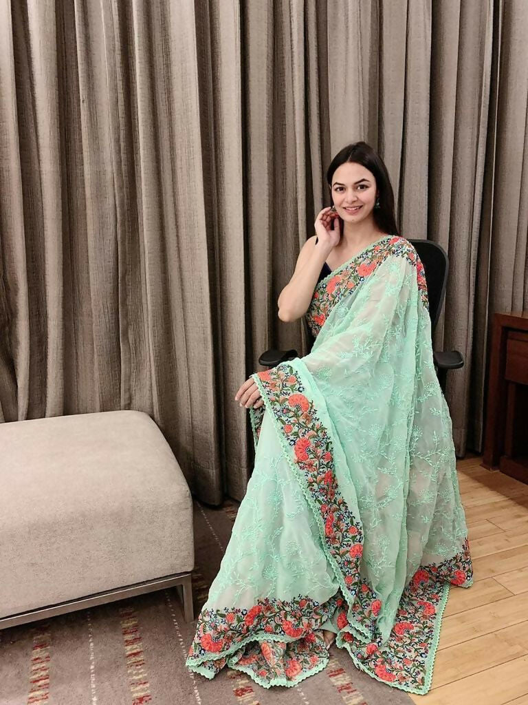 Vamsee Sandhya Sea Green Georgette Saree