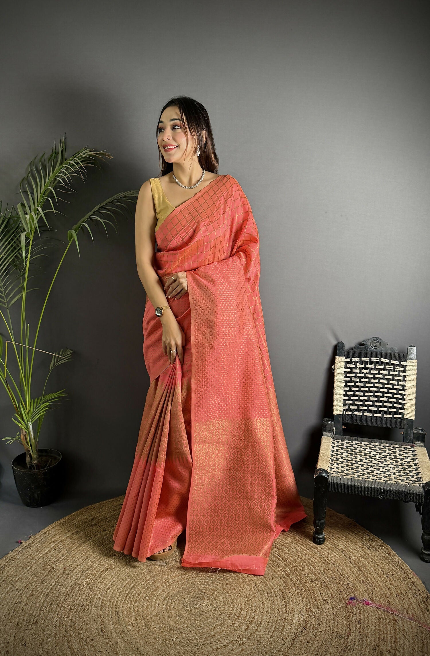 Joban Fashion Peach Banarasi Soft Lichi Silk Checks & Woven Saree